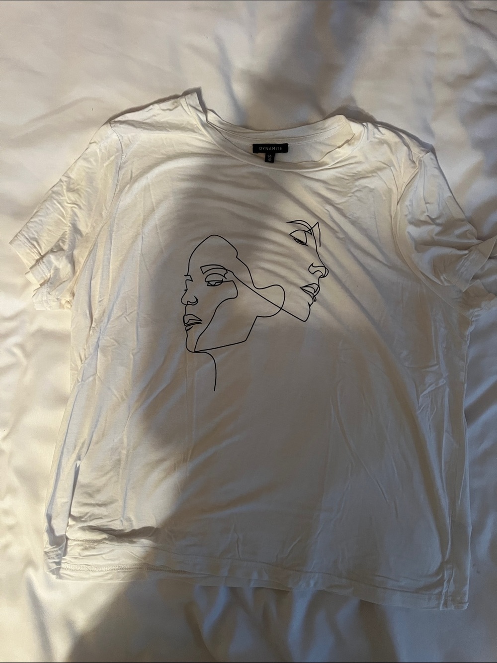 Dynamite White Tee with Black Minimalist Line Art Faces